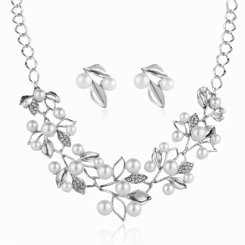 ZIBUYU® Necklace & Ear Studs Combo Set Floral Pearl Necklace Ear Studs Bold Sparkling Rhinestone Embellishment Alloy Chain Necklace Women Jewelry Gift Set ZIBUYU® Necklace & Ear Studs Combo Set Floral Pearl Necklace Ear Studs Bold Sparkling Rhinestone Embellishment Alloy Chain Necklace Women Jewelry Gift Set